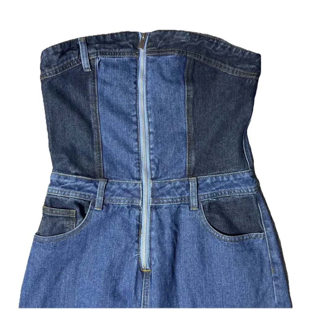 Nasty Gal Denim Wide Leg Patchwork Strapless Jumpsuit US 8 UK 12 Boho - Picture 2 of 7